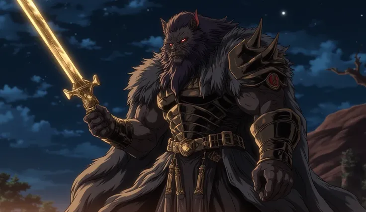 a gigantic and extremely muscular and intimidating anime black antropomorphic wolf with very long pointed ears, with long and scarred black Wolf face, with his body covered by black fur, with massive muscles on his wide strong shoulders and very long and i...