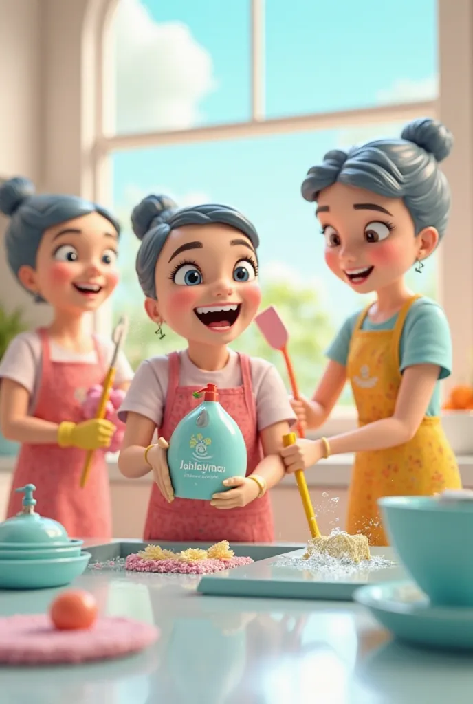 Housewives feeling happy cleaning their homes and washing dishes with "Juhaina" cleaning products. Tiny 3d cartoon with bright clean reflection and clear "Juhayna" brand