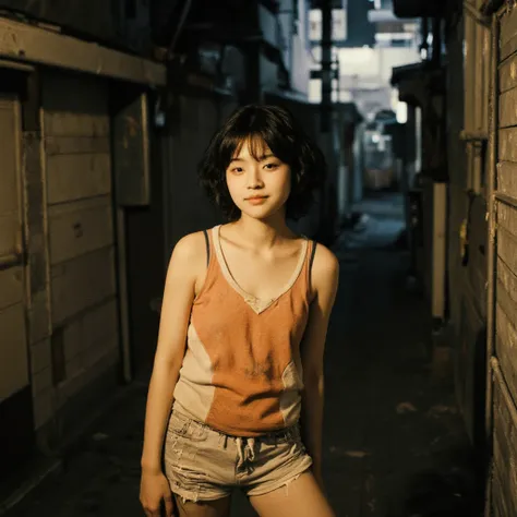 Tokyo's back alley,side shot,Short curly hair ,middle school girl,dirty orange and white tank top,dirty jersey shorts, rough skin,smile