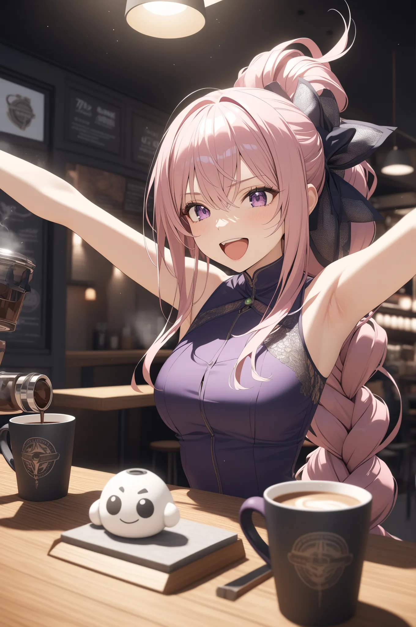 Beautiful night scene anime style, woman, long and stunning hair, screaming, joyful eyes, man, serious expression, coffee shop, subdued lighting, boyfriend and girlfriend on a date, unique hairstyle, smiling face, noble white suit, visual beauty with Japan...