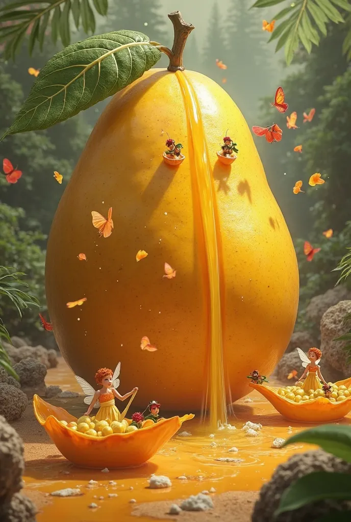 A massive, golden mango has a natural juice waterfall cascading down its side. Tiny fruit fairies collect fresh mango nectar in flower petal cups, while some ride tiny boats made of mango skin.