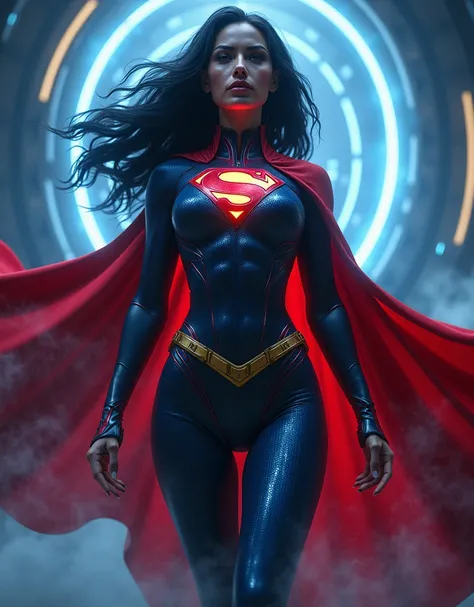 Superheroine in a dark blue carbon suit with a carbon fiber texture effect, . Detailed twill weave with thin shiny lines, glossy highlights on the curves, with a bright S on the chest, a long red cloak flutters in the wind, short bright red skirt as a must...