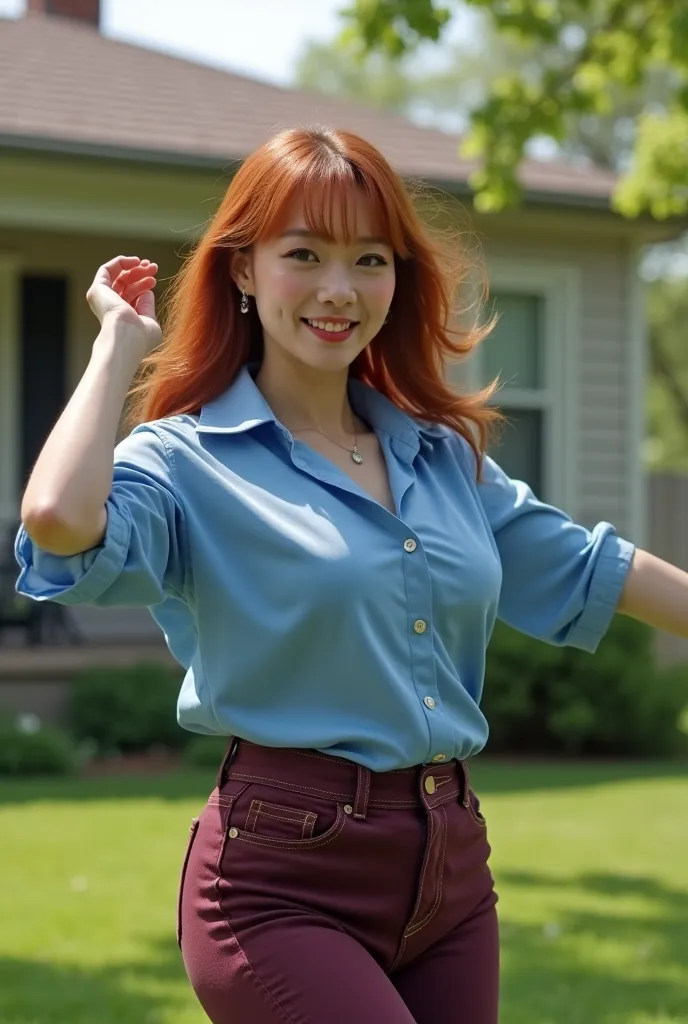 (best quality,4k,8k,highres,masterpiece:1.2),ultra-detailed, 1woman, Japanese woman, gyaru, five foot five inches tall, 42 years of age, ginger colored hair, mole by her left eye, blue button up blouse, maroon jeans, large swollen breasts, wide hips, danci...