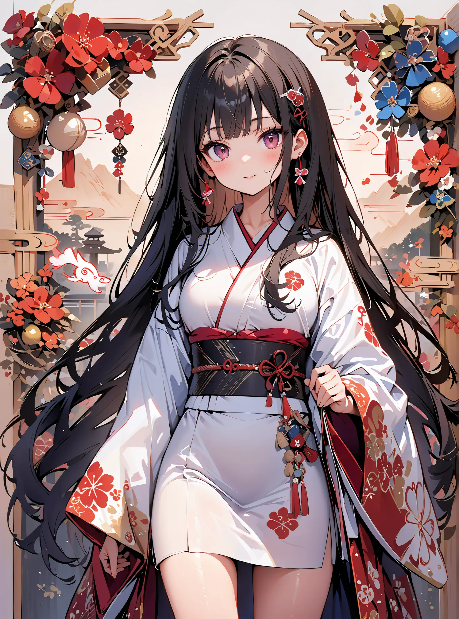 1 Girl, cute, (((masterpiece))), many decorations, high quality, high quality, (((extremely detailed))), 8k, background design,Long Hair,black straight hair,bangs bang,japan,kimono,(((background Design))),kirakira,(((
Cowboy shot)))
