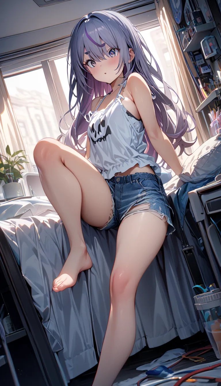  1girl ,torn_shorts,shorts,camisole,,masterpiece, best quality, very detailed, complicated, Super Detail, detailed eyes, my room,bare feet,