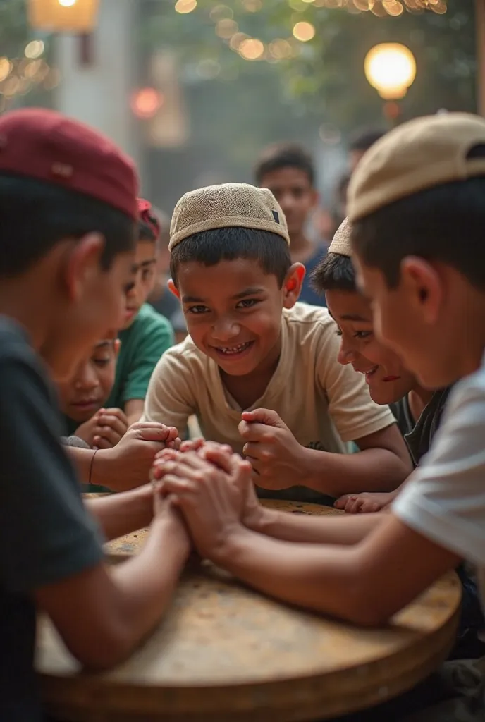 In Armwrestling 1boy front and others boys back in picture with caps in month of Ramazan 