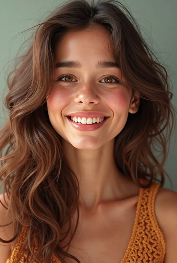 Create a portrait of a 20-year-old woman, 1,64, jovial. very white, 2C long very curly brown hair. round face, small upturned nose, small but full mouth. brown eyes. 