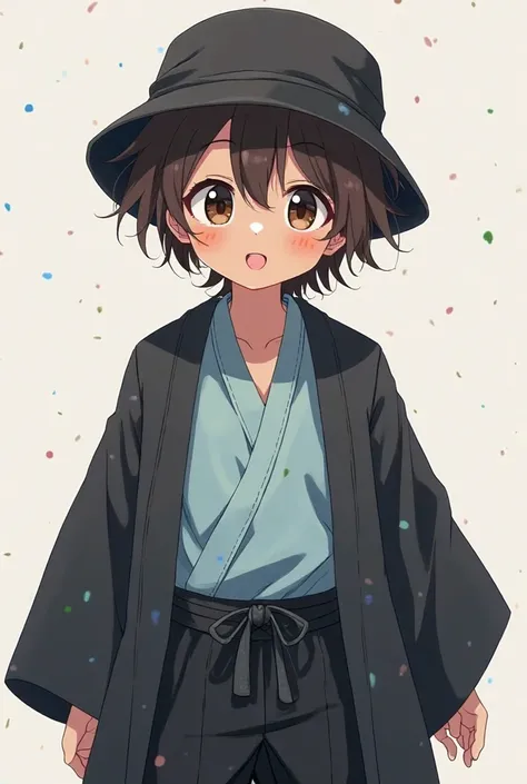 An anime boy who has dark brown short and messy hair which he wears a black bucket hat on top of, he wears a black mémpo and has a slight brown skin tone, he wears a baby blue shirt and black pants with a black kimono/gown on top 