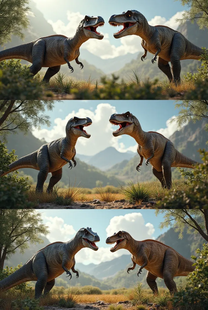 Generate a realistic video montage of different types of dinosaurs, including a T-Rex, Brontosaurus, Velociraptor, and Stegosaurus. Each dinosaur should be shown in its natural habitat, such as a jungle, grassland, or desert. The video should be in 4K reso...