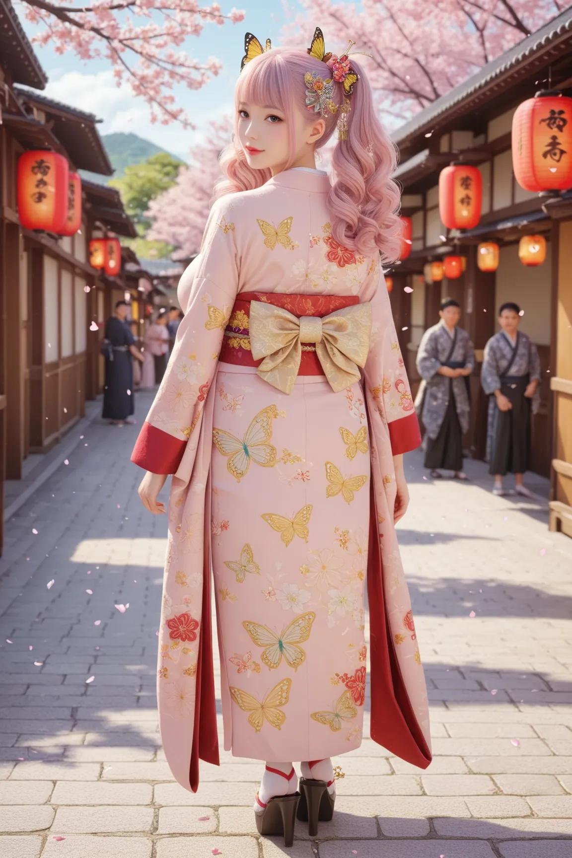 A breathtakingly elegant portrait of a courtesan from the Edo period. She stands in a traditional Japanese town in broad daylight. She is  and adorable, with large breasts ((big breasts: 1,6)), and wears an uchikake embroidered with gold and silver threads...