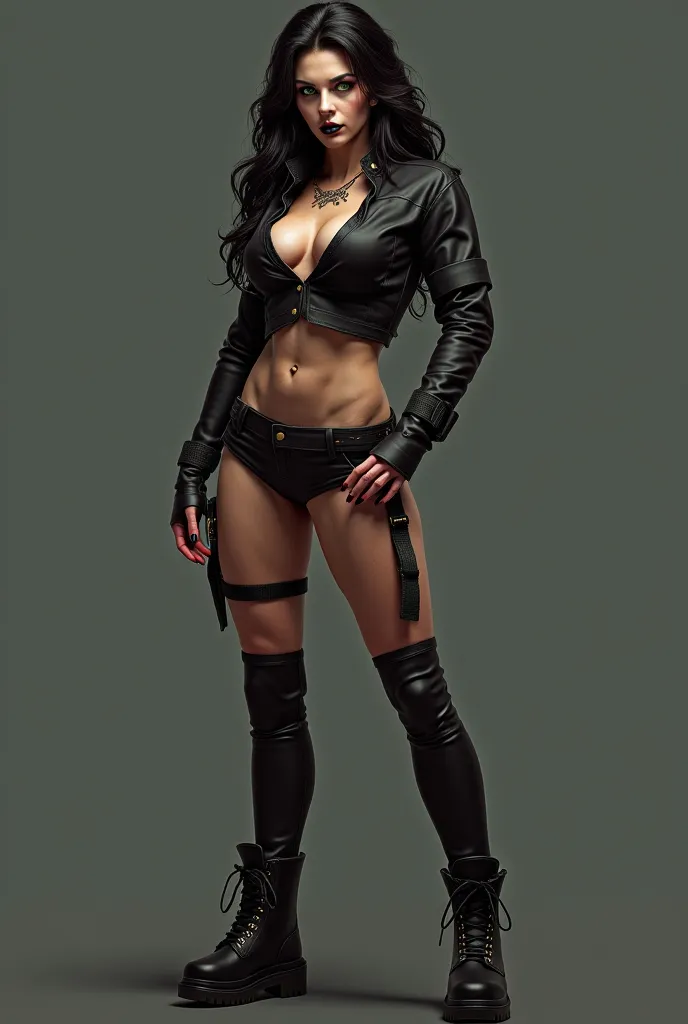 brunette woman, greeneyes, blackquality hair, turned legs, muscular arms, Tall and muscular, wearing combat boots and red nails, black lipstick, blouse revealing breast with neckline, standing