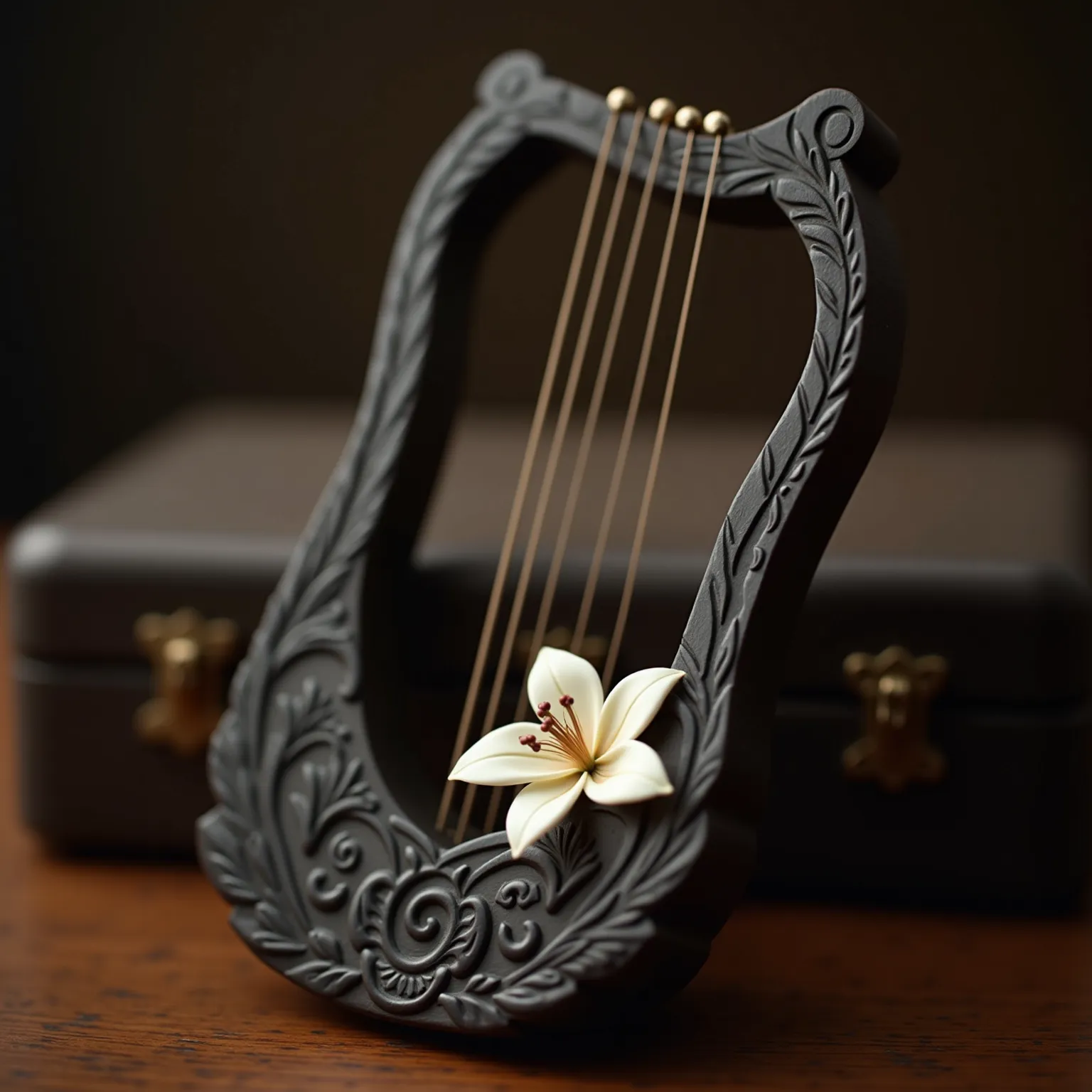 (best quality, masterpiece, 8K, photorealistic, hdr image, ultra detailed, beautiful image, perfect without errors), seven strings Unbalanced Lyre, made by ebony wood with White small flower has a star-like shape, with six petals stamens are visible, and s...