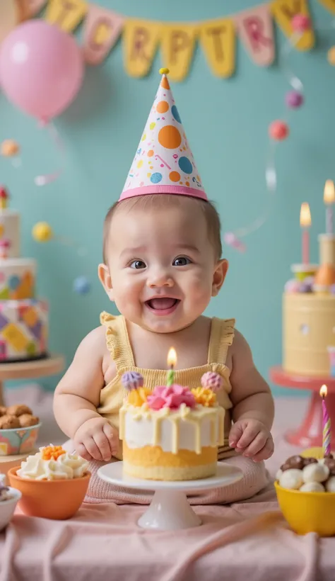 A cute baby in front of her birthday, While looking at delicious food, I'm grinning.