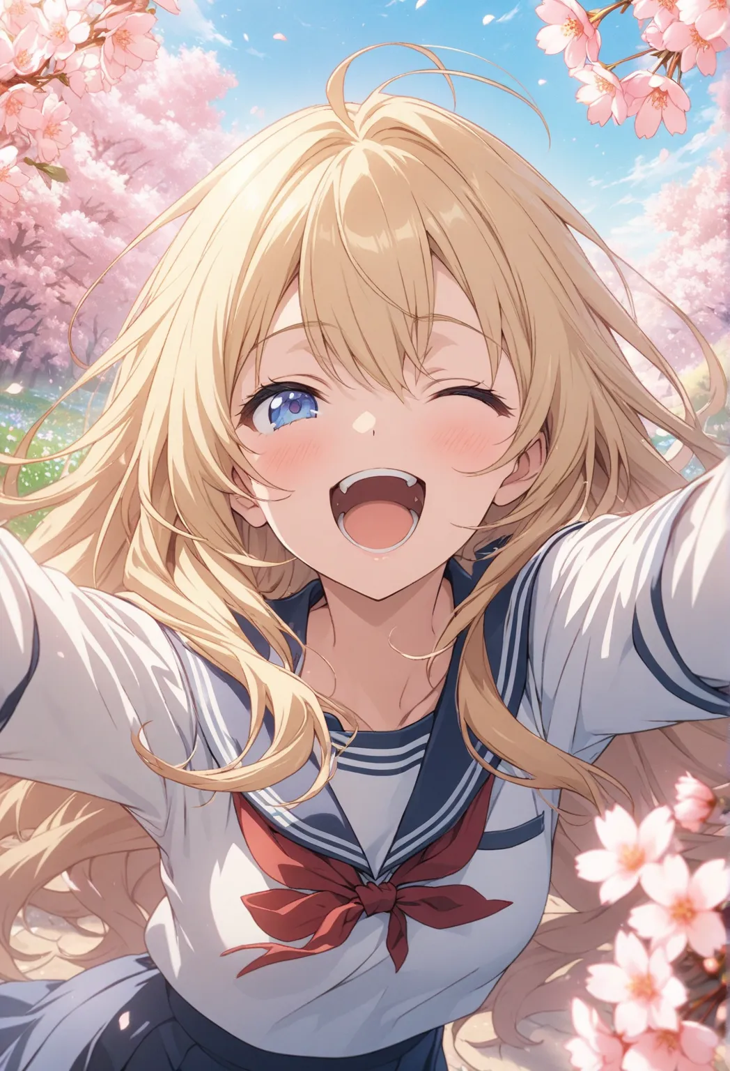 masterpiece, highest quality, Highly Detailed CG Unity 8k Wallpaper, 20 year old girl anime illustration. Attractive Poses、Close your eyes、is opening its mouth, smile.  The background is a pastel-colored landscape,  Blonde Color ,long hair、hair fluttering ...