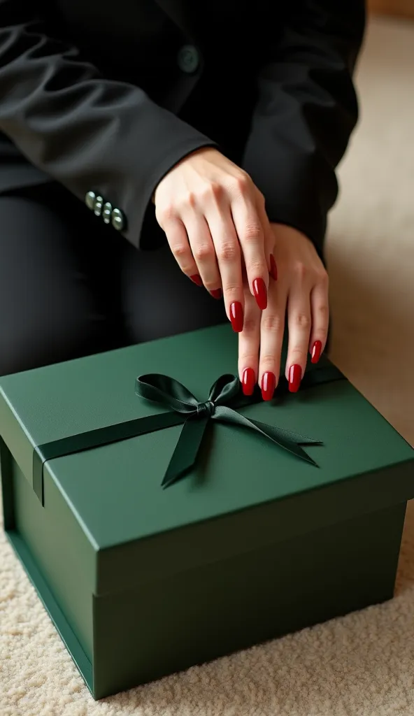 (((high angle shot))), close up photo of girl's ahnd in black blazer sleeve, (((with Dark red nails, oval shape with long, pointy tips))), opens the bow on the big green shop box of Botegga Veneta on the ground, on light beige carpet, soft lighting, modern...