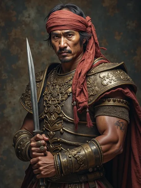 Portrait of the legendary Indonesian hero Hang Tuah，Wear a Malay headscarf，Malay turban war armor，Wearing Malay war armor，Holding an S-shaped Malay dagger，Fierce eyes，mighty，strong， and scars all over 