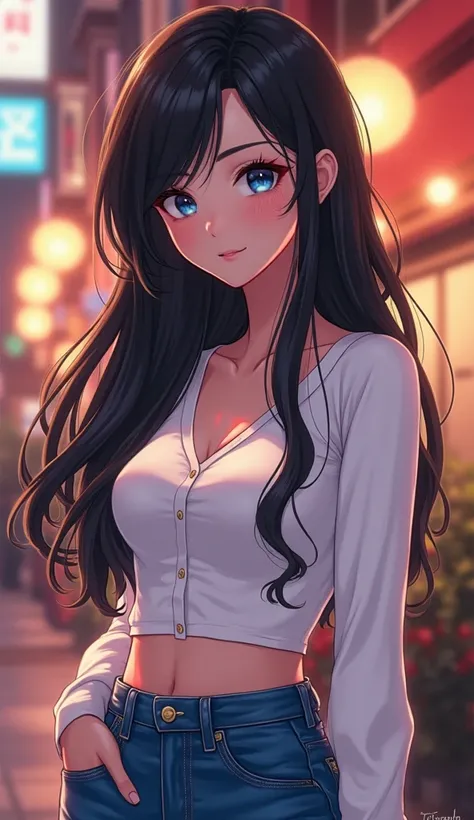 

"A stylish anime-style illustration of a young woman with long, flowing black hair and deep blue eyes. She has a confident and relaxed expression, gazing slightly to the side. She is wearing a casual yet fashionable outfit—a white cropped long-sleeve top...