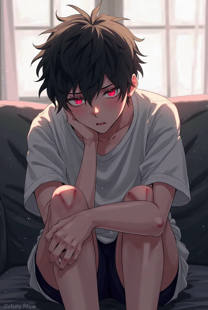 A young man with messy black hair, sparkling red eyes, wearing a loose shirt and shorts. He sits huddled on the sofa, his eyes glistening with grievance, his arms hugging his knees, his voice pitiful. The art style is modern anime with semi-realistic detai...