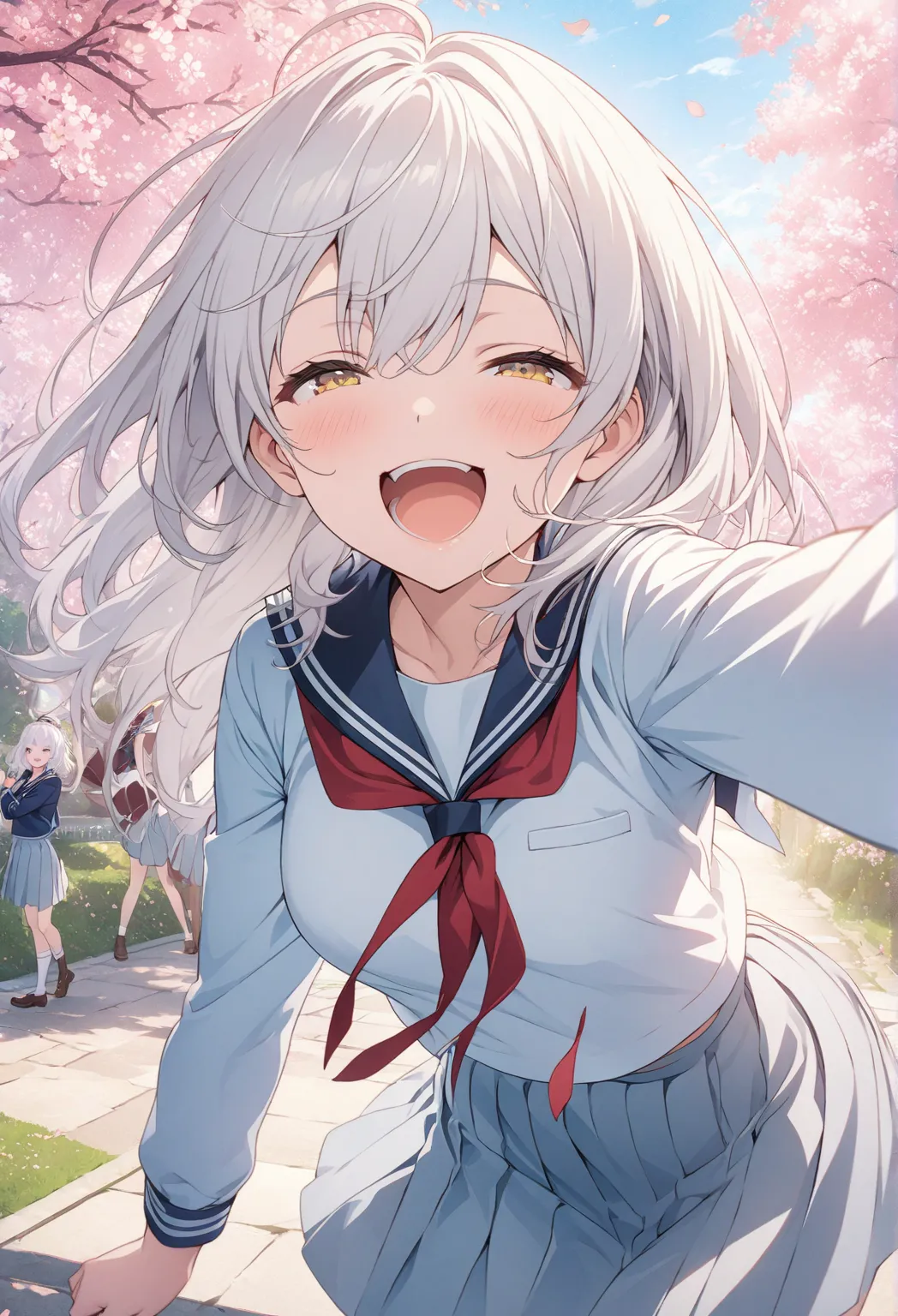 masterpiece, highest quality, Highly Detailed CG Unity 8k Wallpaper, anime illustration of a high school girl. Attractive Poses、Close your eyes、is opening its mouth, smile.  The background is a pastel-colored landscape, White hair color, yellow eyes、unifor...