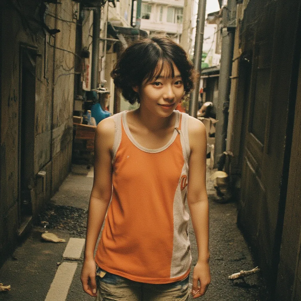 Tokyo's back alley,side shot,Short curly hair ,middle school girl,orange and white tank top,dirty jersey shorts, rough skin,smile,noon