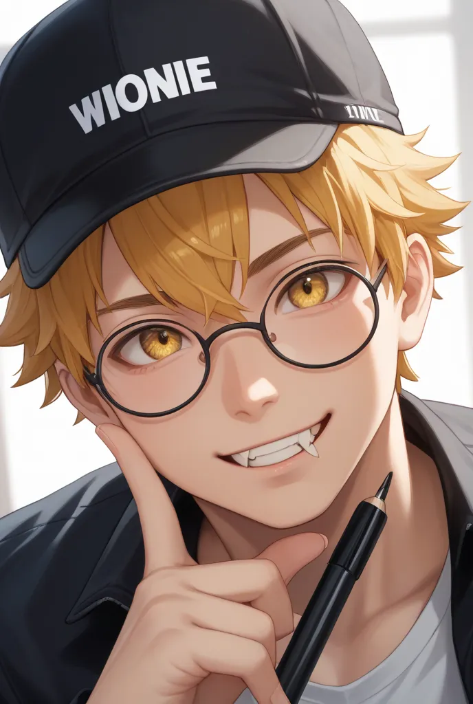 A handsome young man with cool golden hair, messy hairstyle, golden yellow eyes, smooth white face, with a smile on the right, wearing black rimmed round glasses, pen cap, soft smile, cool fangs, depth, first person view f/1.8 135mm . Nikon UHD Retina Mast...