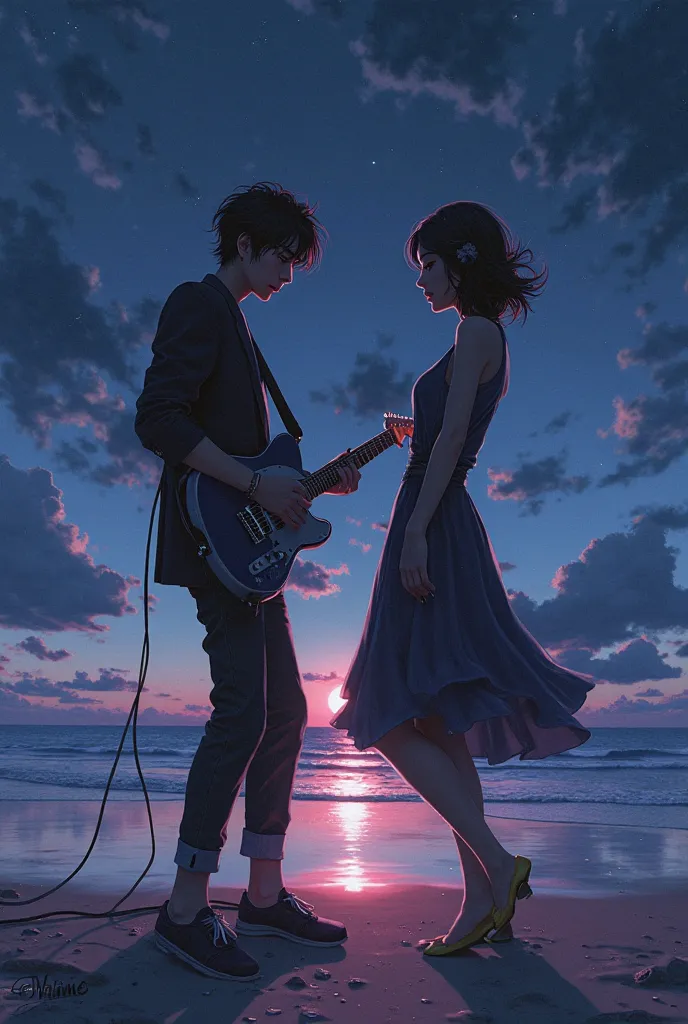 fanfic cover where Jang is the guitarist and vocalist of a rock band and Hyun Jin is the dancer, They are two contrasting. create an image of them on the beach at night, using opposing but complementary elements, types of airsols
