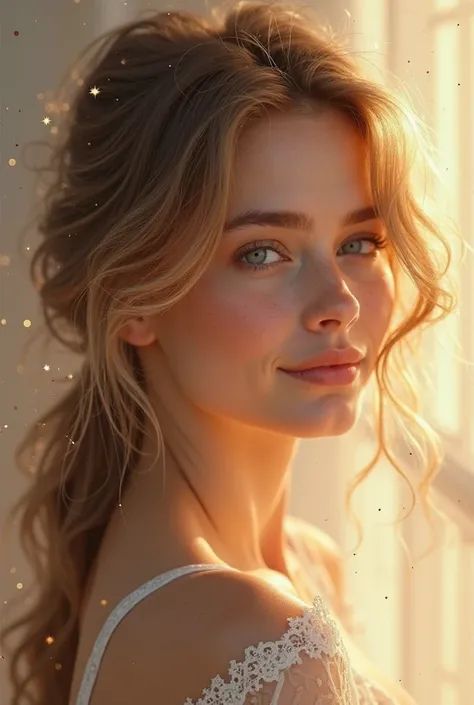 Create a beautiful and sexy human with a radiant personality, May the eyes be light and the hair brownish blonde

