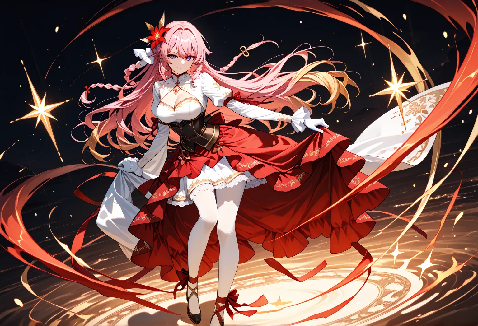 Here’s a detailed English description of the outfit, body shape, and hairstyle for AI art generation:  

**Outfit:**  
The character is dressed in a luxurious and elegant Lolita-inspired dress with a celestial and festive theme. The dress is predominantly ...