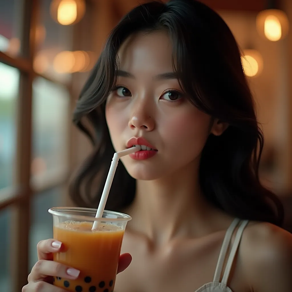 A photograph of a long black hair woman siping boba tea