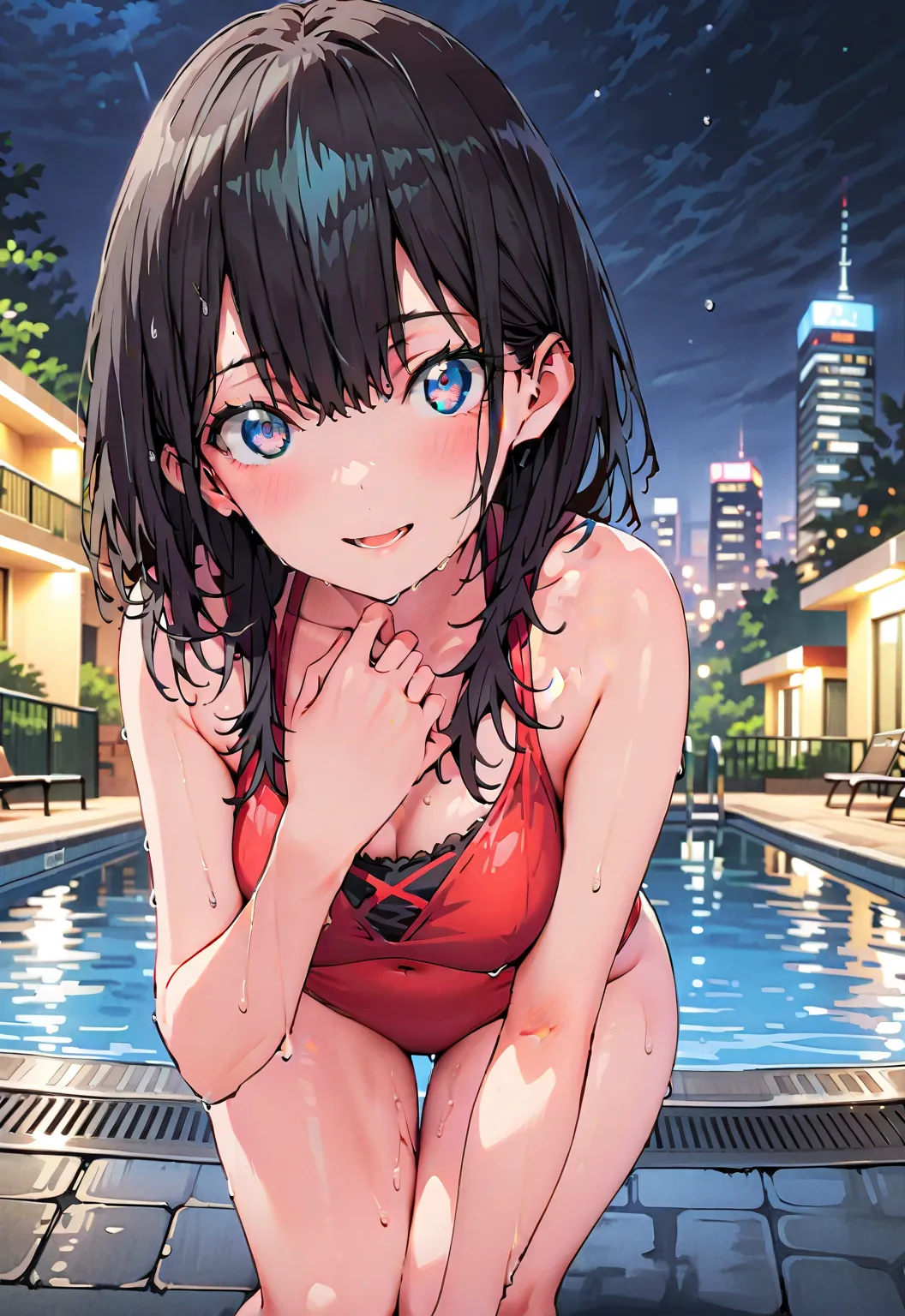  It's because of Rikkata,   black hair, blue eyes, long hair,  Orange Scrunch , scrunchie , List Scrunch, black footwear, smile,blush,open your mouth,,Red bikini string swimsuit,night,wet hair,wet skin, wet swimsuit ,Bare legs,bare feet,Beautiful cityscape...