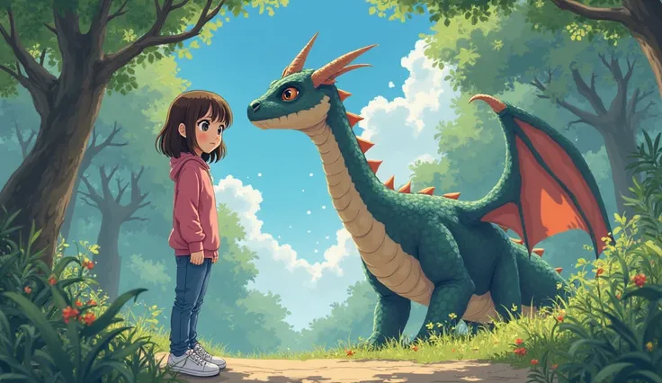 Lily a   girl with straight brown hair, bright green eyes, Wearing a pink sweater, jeans, and white sneakers  steps back, thinking fast. The dragon looks around, puzzled but harmless. She suddenly remembers the note: "Paint with your heart." The camera zoo...