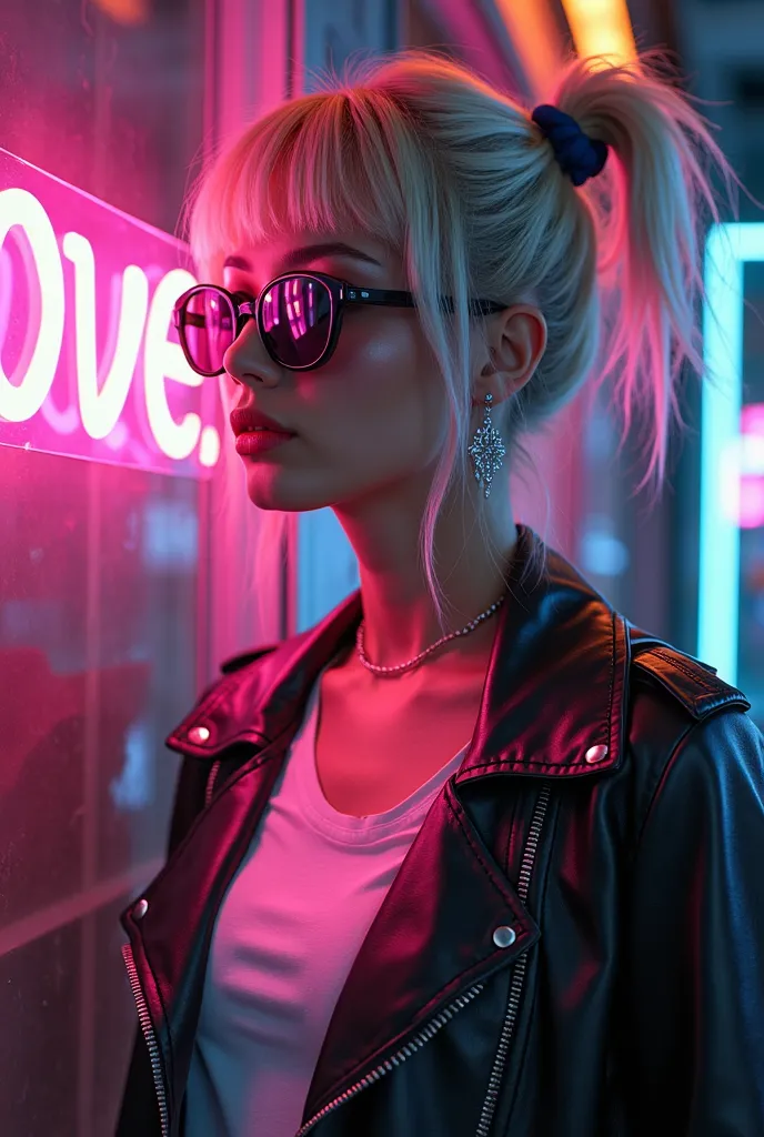  The girl is beautiful and sexy ,  wearing a fashionable leather jacket and white shirt ,  A beautiful buxom blonde with short hair , Blackened  ,   small earrings  ,  Neon light,   cyberpunk style ,  A small blue ponytail is beautifully braided in her hai...