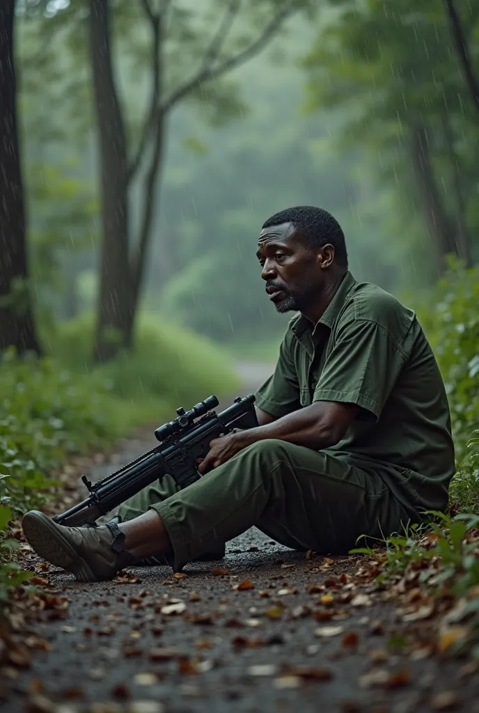 An African man (48years old) in his shirt with his adult nephew was arrested, manhandle and weaken, sitting on the floor, took by the(8 nappers hold modern guns with covered face) along the forest (in an heavy rain)