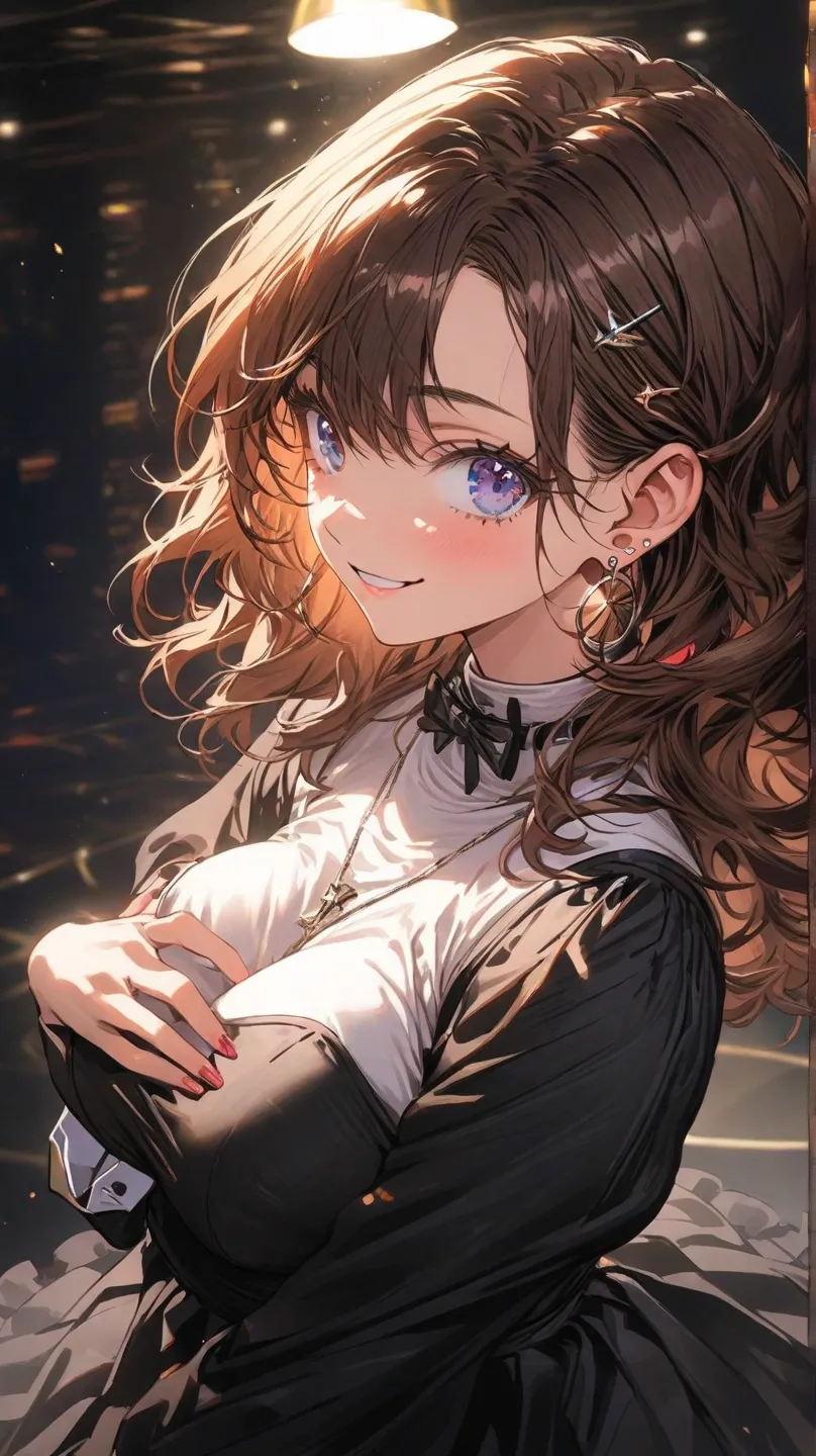 best quality,２D,1 girl,25yo ,slender,fair skin,medium hair,brown color hair,curly hair,disheveled hair, Blue eye, smile, happy, twinkle(in the eyes), Plucked eyebrows, E cup breasts, black jacket, white mock neck top, black skater skirt, stockings, high he...