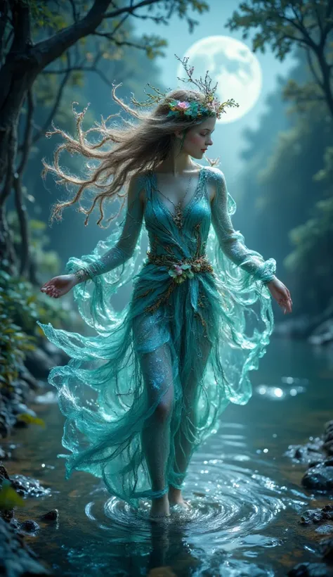 Photorealistic，Ultra high definition，Highest quality，Best Quality，8k，A beautiful and dreamy dryad with shimmering teal hair, decorated with seaweed and delicate water flowers. Her dress, made of translucent leaves, flows like mist as she dances barefoot ac...