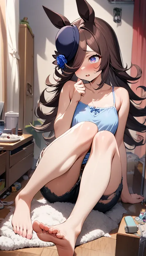  1girl ,torn_shorts,shorts,camisole,,masterpiece, best quality, very detailed, complicated, Super Detail, detailed eyes, my room,bare feet,Rice Shower \(umamusume\)