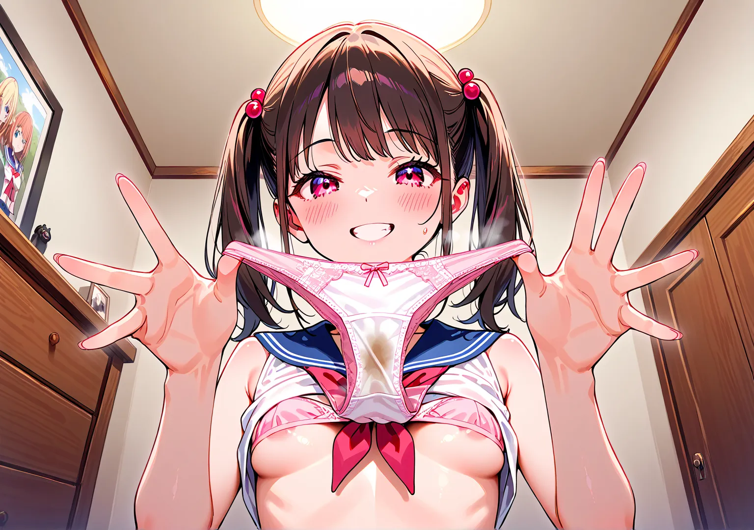 Beautiful Girl、High School Girls、younger sister、 petite body、small breasts、twin tails、Grin、sailor suit、 girly room、chest of drawers、chest of drawersの引き出しが開いている、chest of drawersの中にはランジェリー、panties in hand、holding panties with both hands、steam from panties、ch...