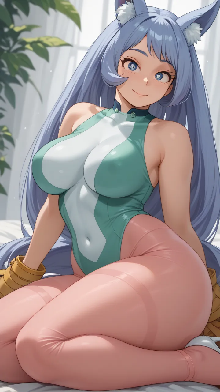 Nejire hadou, long hair, fox ears, big  breasts, green leotard, glossy, pink pantyhose, white heels, frills, ruffles, tight, perfect body, nice body, curvy, beautiful woman with curvy body, wide hips and thick thighs