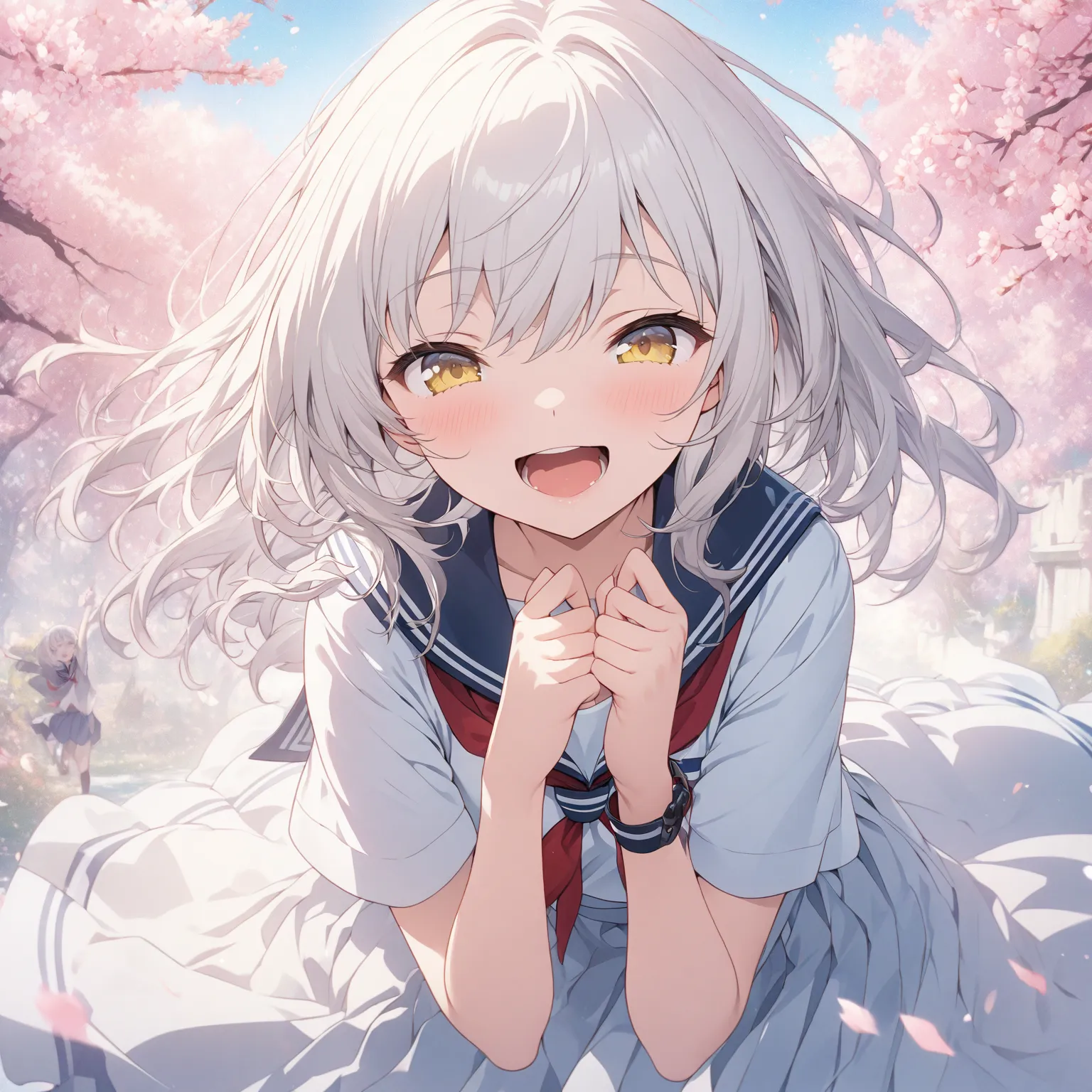 masterpiece, highest quality, Highly Detailed CG Unity 8k Wallpaper, anime illustration of a high school girl. Attractive Poses、Close your eyes、is opening its mouth, smile.  The background is a pastel-colored landscape, White hair color, yellow eyes、unifor...