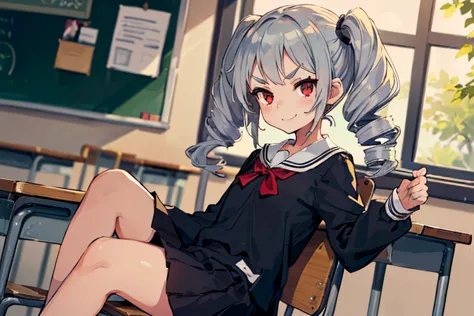 Young girl with grey hair, ((fringed and curly hair)),((curly short twintail)), curly hair ,(red eyes),((small bushy eyebrows)), wearing gothic lolita clothing, lolicon , to school,((bored eyes, bored face)), walking to school, in a classroom sitting with ...