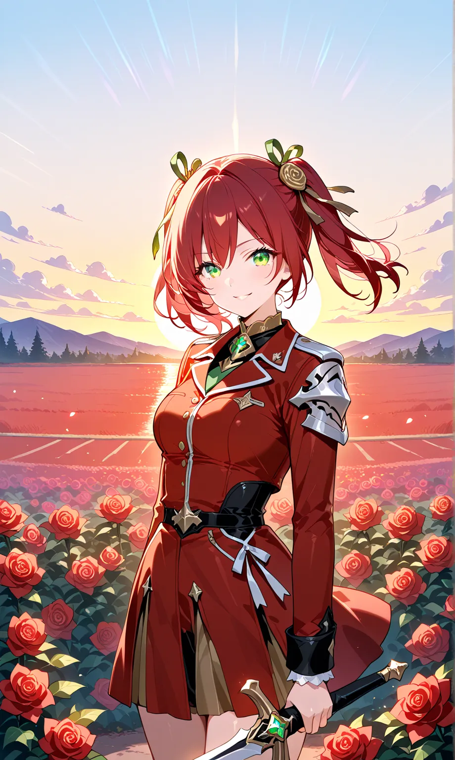 (watercolor:0.4)、( pastel :0.6)、 1girl 、tied long jet black twin tails with faint red highlights with a ribbon、knight in a red rose military uniform、 green eyes。Smile while holding your sword high、scattered red roses and lights dance around it。The battlefi...