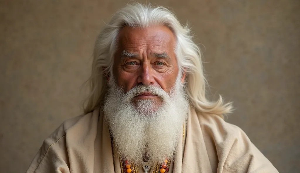 "Gros plan sur Moché, âgé de 70 ans, avec une belle stature et une barbe blanche majestueuse. Il porte une tunique beige simple, mais élégante. Son visage est lumineux, marqué par la sagesse et la dignité, avec des traits pleins de sérénité et de force int...