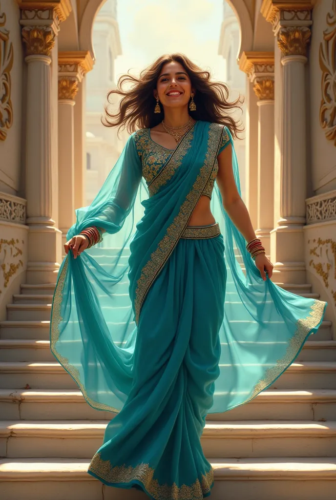 
A beautiful  girl in blue color sari was jumping down stairs she was wearing kamal round face long hair 