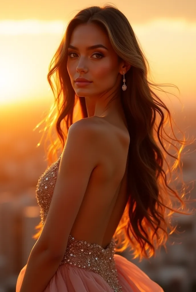 A stunning woman with long, flowing hair, deep expressive eyes, and flawless skin. She wears an elegant evening gown, standing in soft golden lighting. The background is a dreamy blurred cityscape at sunset. High detail, ultra-realistic, cinematic lighting...