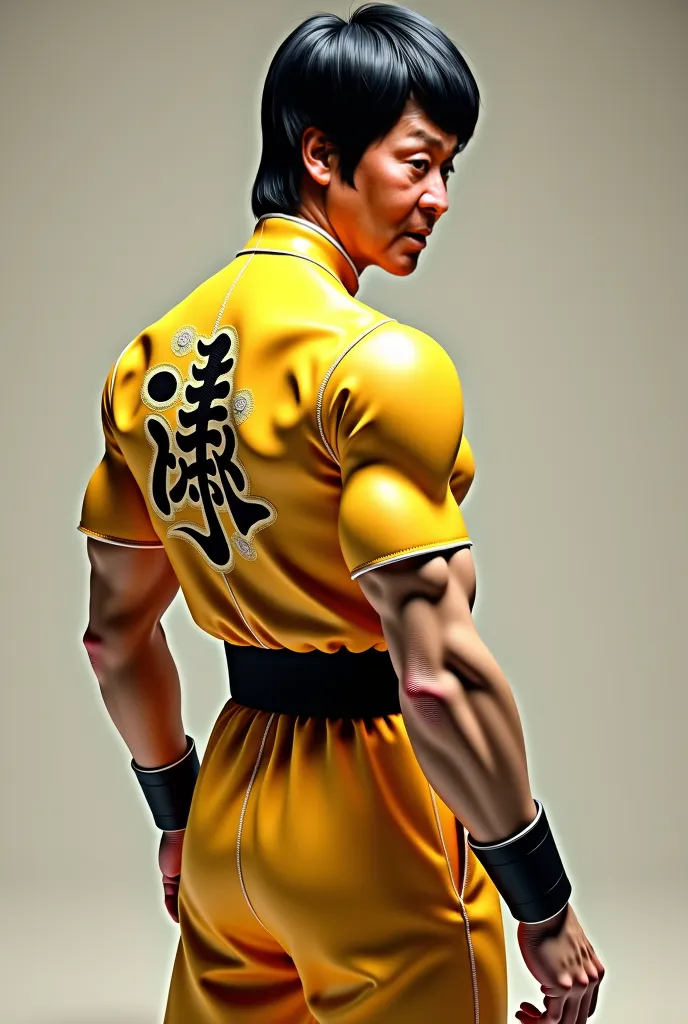 create a super realistic image of Bruce Lee .  An insanely detailed yellow costume  .   facing the camera sideways with her big butt up .   her face should be a faithful image of Bruce Lee 