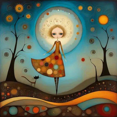 Nello stile di Andy Kehoe, Paul Klee, Tracy Grimwood. alto , stylized, colori ultraterreni, light-skinned girl wearing a long, ornate dress with intricate patterns and warm, colori terrosi, blonde hair, flowing down her body, occhi color marrone chiaro . A...