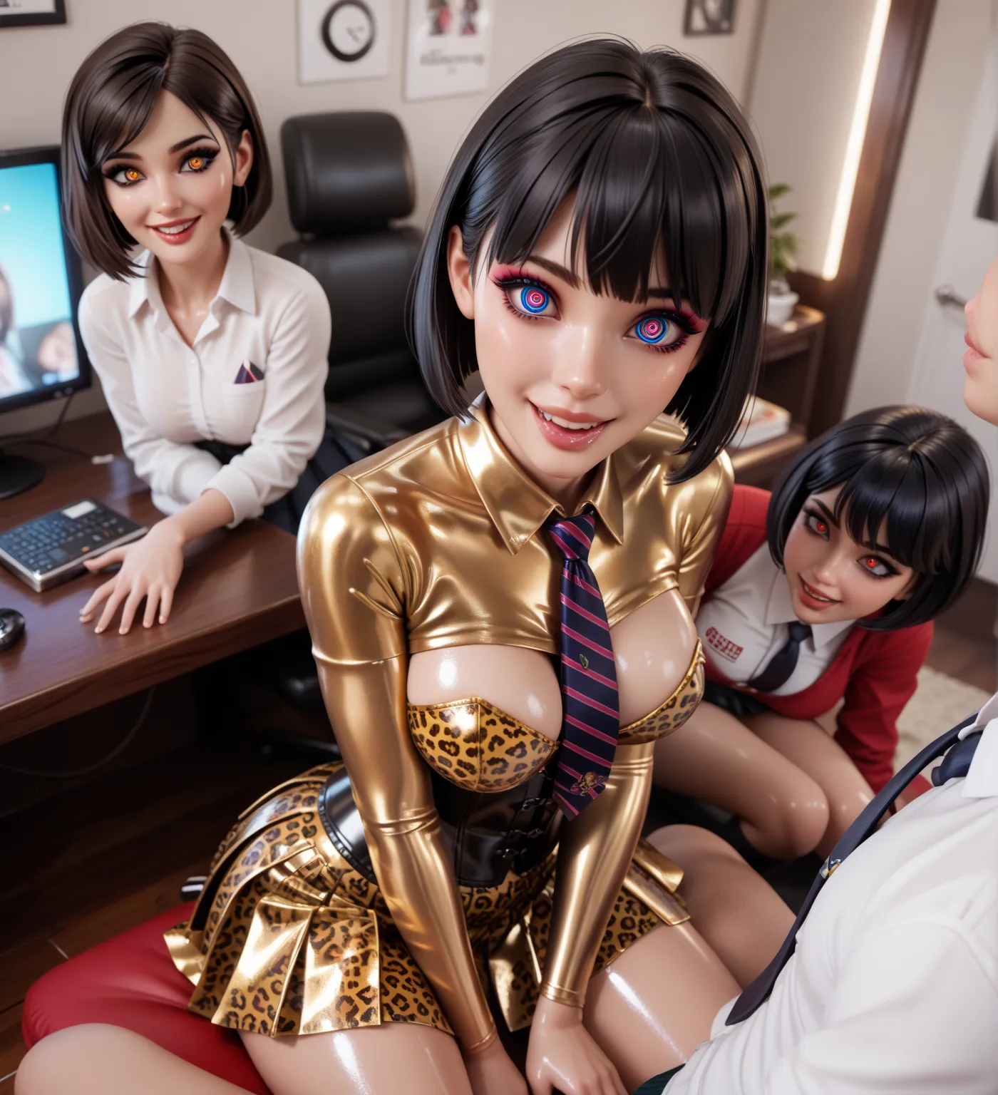 4 girls,   In an extremely tight-fitting  ,     shiny golden latex polo shirt, bob cut,     black hair  ,  reflection ,      reflecting light  ,   high definition ,   masterpiece ,   Are in the apartment and are sitting in front of the television, frighten...