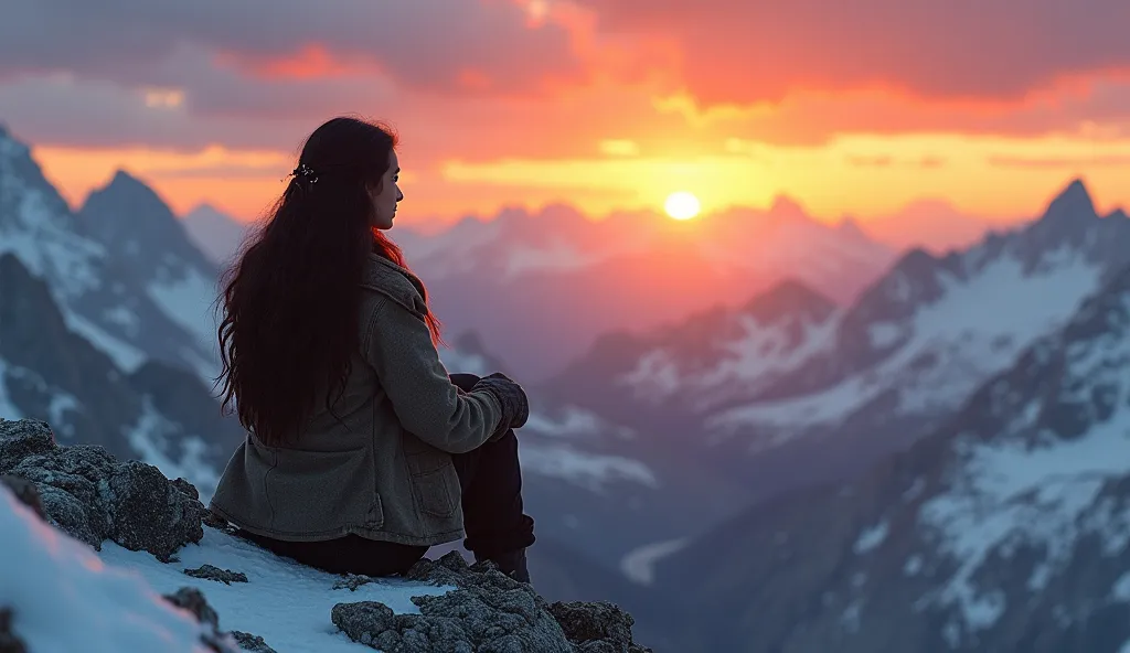 REAL GIRL SITTING ON THE TOP OF A MOUNTAIN LOOKING AT THE DISTANCE, BACK AT THE SUNSET