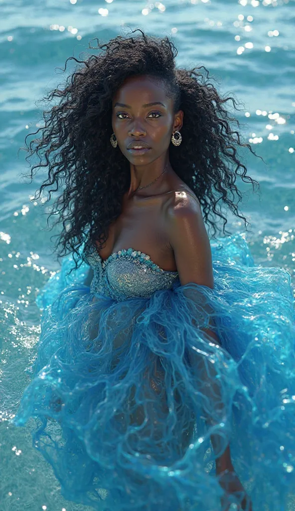 Ultra realistic 8k in the sea a beautiful black woman with a color of shells and wavy hair, She wears blue clothes and is the goddess of water