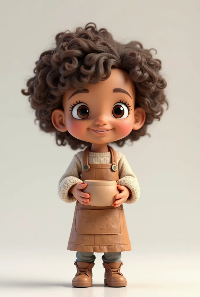 A highly detailed 3D render of a miniature toy depicting a curly-haired female ceramic artist. The figure is stylized with a charming and artistic aesthetic, featuring natural curly hair, expressive eyes, and a joyful expression. She is wearing a clay-stai...